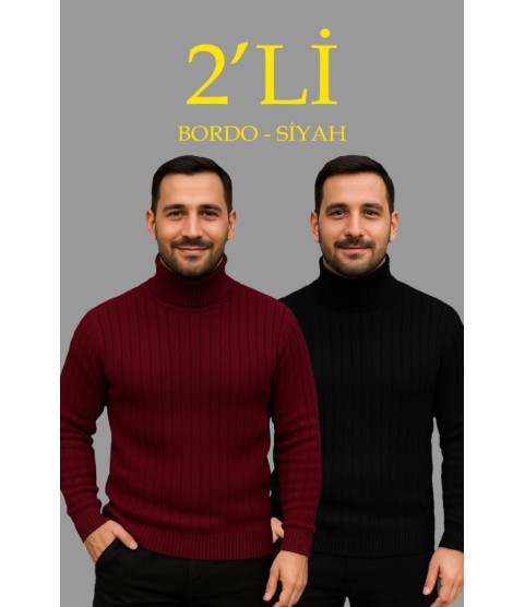 Erkek Fitilli Triko Kazak 2li Set Bordo Siyah Regular Balıkcı Yaka Tam Boğazlı Triko Seti Modeli Kazak