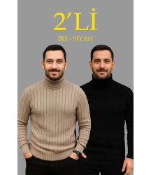 Erkek Fitilli Triko Kazak 2li Set Bej Siyah Regular Balıkcı Yaka Tam Boğazlı Triko Seti Modeli Kazak