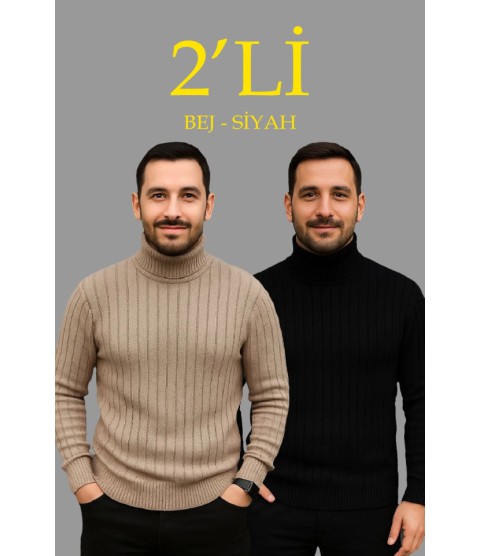 Erkek Fitilli Triko Kazak 2li Set Bej Siyah Regular Balıkcı Yaka Tam Boğazlı Triko Seti Modeli Kazak