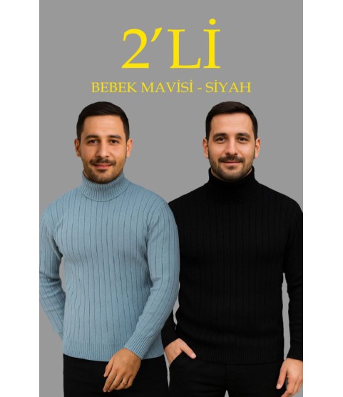 Erkek Fitilli Triko Kazak 2li Set Bebek Mavisi Siyah Regular Balıkcı Yaka Tam Boğazlı Triko Seti Modeli Kazak