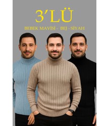 Erkek Fitilli Triko Kazak 3lÜ Set Bebek Mavisi Bej Siyah Regular Balıkcı Yaka Tam Boğazlı Triko Seti Modeli Kazak