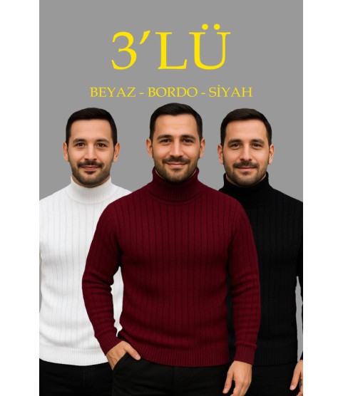 Erkek Fitilli Triko Kazak 3lÜ Set Beyaz Bordo Siyah Regular Balıkcı Yaka Tam Boğazlı Triko Seti Modeli Kazak