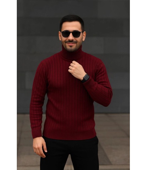 Erkek Fitilli Triko Kazak 3lÜ Set Beyaz Bordo Siyah Regular Balıkcı Yaka Tam Boğazlı Triko Seti Modeli Kazak