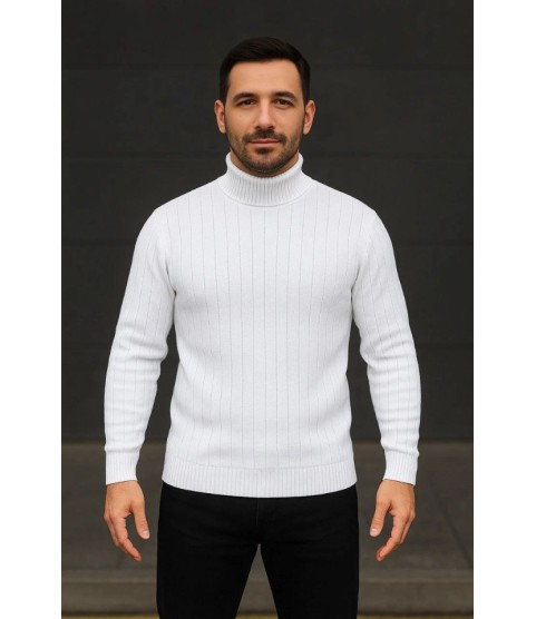 Erkek Fitilli Triko Kazak 3lÜ Set Beyaz Bordo Siyah Regular Balıkcı Yaka Tam Boğazlı Triko Seti Modeli Kazak