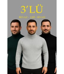 Erkek Fitilli Triko Kazak 3lÜ Set Gri Haki Siyah Regular Balıkcı Yaka Tam Boğazlı Triko Seti Modeli Kazak