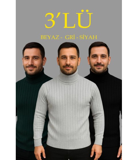 Erkek Fitilli Triko Kazak 3lÜ Set Gri Haki Siyah Regular Balıkcı Yaka Tam Boğazlı Triko Seti Modeli Kazak