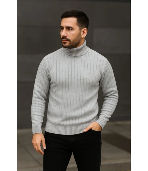 Erkek Fitilli Triko Kazak 3lÜ Set Gri Haki Siyah Regular Balıkcı Yaka Tam Boğazlı Triko Seti Modeli Kazak