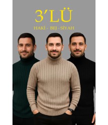 Erkek Fitilli Triko Kazak 3lÜ Set Bej Haki Siyah Regular Balıkcı Yaka Tam Boğazlı Triko Seti Modeli Kazak