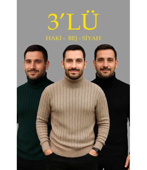 Erkek Fitilli Triko Kazak 3lÜ Set Bej Haki Siyah Regular Balıkcı Yaka Tam Boğazlı Triko Seti Modeli Kazak