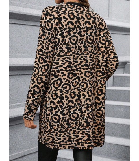 Kadın Uzun Kollu önü Açık Leopar Desenli Modal Ceket