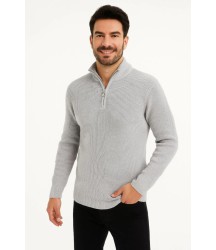 Erkek Yarım Fermuarlı Triko Kazak – Selanik Örgü, Dik Yaka, Pamuklu Dokuma, Regular Fit Uzun Kollu Kışlık Model - Gri