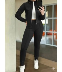 Kadın Uzun Kollu önden Fermuarlı Kısa Modal Ceket Ve Pantolon Ikili Takım