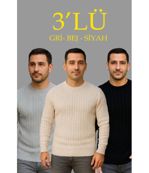 Erkek Fitilli Triko Kazak 3lü Set Bej Gri Siyah Regular Fit Bisiklet Yaka Triko Seti Kazak Modeli