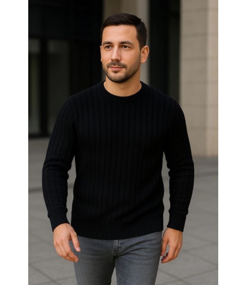 Erkek Fitilli Triko Kazak 3lü Set Bej Gri Siyah Regular Fit Bisiklet Yaka Triko Seti Kazak Modeli
