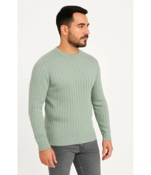 Erkek Bisiklet Yuvarlak Yaka Triko Kazak Pamuklu Kalın Fitilli Dokuma, Regular Fit Uzun Kollu Kışlık Model - Mint Yeşili