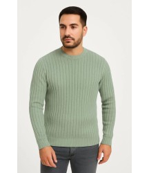 Erkek Bisiklet Yuvarlak Yaka Triko Kazak Pamuklu Kalın Fitilli Dokuma, Regular Fit Uzun Kollu Kışlık Model - Mint Yeşili