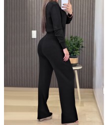 Kadın Uzun Kollu Yuvarlak Yaka Transparan Detaylı Triko Bluz Ve Pantolon Ikili Takım