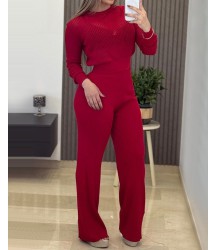 Kadın Uzun Kollu Yuvarlak Yaka Transparan Detaylı Triko Bluz Ve Pantolon Ikili Takım