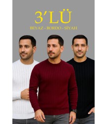 Erkek Fitilli Triko Kazak 3lü Set Beyaz Bordo Siyah Regular Fit Bisiklet Yaka Triko Seti