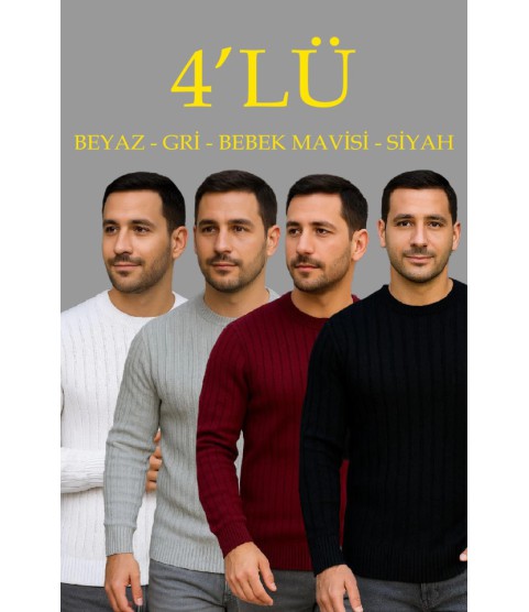 Erkek Fitilli Triko Kazak 4’lü Set Beyaz Bordo Gri Siyah Regular Fit Bisiklet Yaka Kazak Triko Kombini