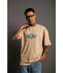 Erkek Sırt Baskılı T-shirt - Bej