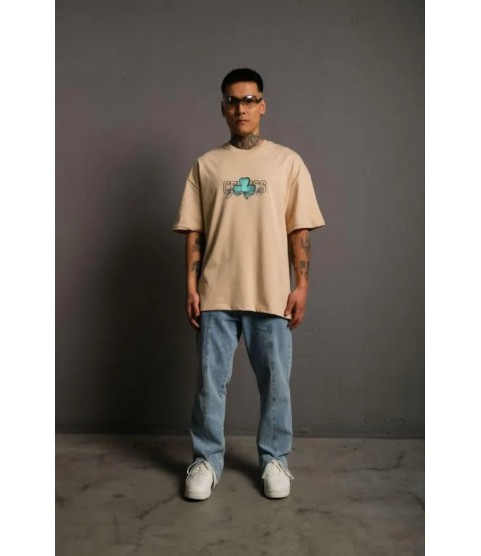Erkek Sırt Baskılı T-shirt - Bej