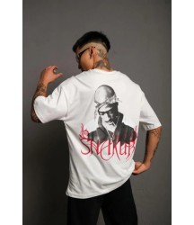 Erkek Oversize Tişört – Beyaz 24/1 Penye Kumaş, Bisiklet Yaka, Ön - Arka Baskılı, Streetwear Tarzı Rahat Büyük Kalıp T-Shirt- Beyaz