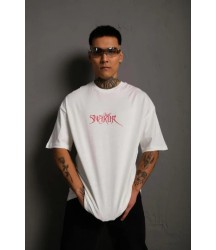 Erkek Oversize Tişört – Beyaz 24/1 Penye Kumaş, Bisiklet Yaka, Ön - Arka Baskılı, Streetwear Tarzı Rahat Büyük Kalıp T-Shirt- Beyaz