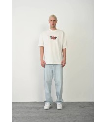 Unisex Bisiklet Yaka Baskılı Oversize T-Shirt - Beyaz