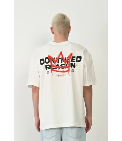 Unisex Bisiklet Yaka Baskılı Oversize T-Shirt - Beyaz