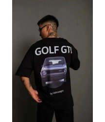 Erkek Oversize Baskılı Tişört – Golf GTI Retro Araba Desenli, Ön - Arka Dijital Baskı, Sokak Modası Stil - Siyah