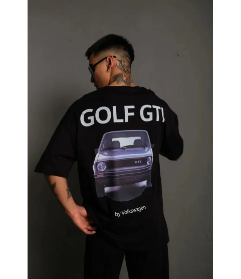 Erkek Oversize Baskılı Tişört – Golf GTI Retro Araba Desenli, Ön - Arka Dijital Baskı, Sokak Modası Stil - Siyah