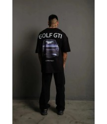 Erkek Oversize Baskılı Tişört – Golf GTI Retro Araba Desenli, Ön - Arka Dijital Baskı, Sokak Modası Stil - Siyah