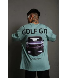 Erkek Oversize Baskılı Tişört – Golf GTI Retro Araba Desenli, Ön - Arka Dijital Baskı, Sokak Modası Stil - Mint Yeşili