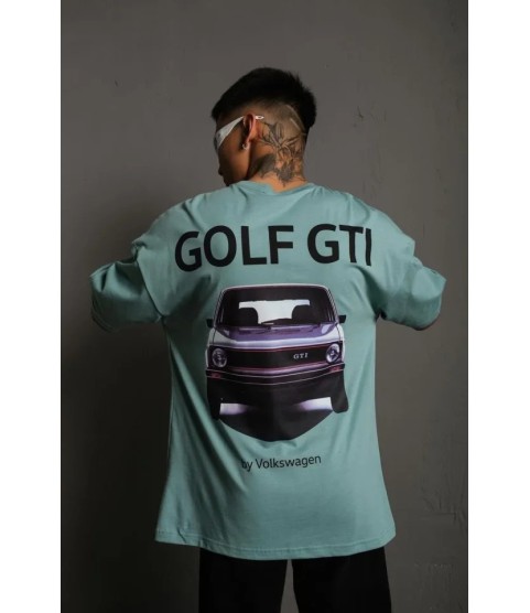 Erkek Oversize Baskılı Tişört – Golf GTI Retro Araba Desenli, Ön - Arka Dijital Baskı, Sokak Modası Stil - Mint Yeşili