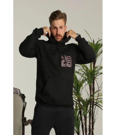 Erkek Oversize Üç İplik Kapüşonlu Sweatshirt –Sırt Ve Ön Baskılı, Kanguru Cepli, Rahat Kalıp Maskot Desenli Model - Siyah