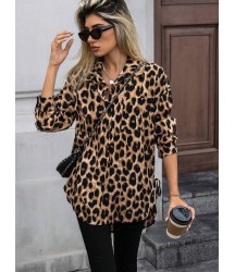 Kadın Uzun Kollu Yakalı önden Düğmeli Yandan Bağcıklı Leopar Desenli Modal Bluz