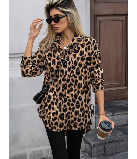 Kadın Uzun Kollu Yakalı önden Düğmeli Yandan Bağcıklı Leopar Desenli Modal Bluz
