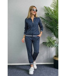 Kadın Uzun Kollu önden Fermuarlı Desenli Iki Iplik Bluz Ve Pantolon Ikili Takım