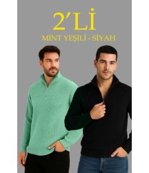 Erkek Fitilli Triko Kazak 2’li Set –  Mint Yeşili - Siyah, Kalın Dokuma Pamuklu Regular Fit V Yaka Fermuarlı Uzun Kollu Rahat Kışlık Kazak Kombini