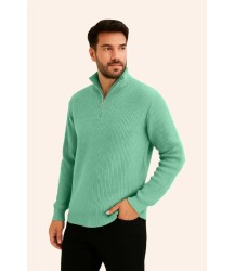 Erkek Fitilli Triko Kazak 2’li Set –  Mint Yeşili - Siyah, Kalın Dokuma Pamuklu Regular Fit V Yaka Fermuarlı Uzun Kollu Rahat Kışlık Kazak Kombini