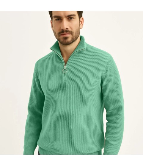 Erkek Fitilli Triko Kazak 2’li Set –  Mint Yeşili - Siyah, Kalın Dokuma Pamuklu Regular Fit V Yaka Fermuarlı Uzun Kollu Rahat Kışlık Kazak Kombini