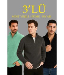 Erkek Fitilli Triko Kazak 3’lü Set – Mint Yeşili, Siyah, Füme Kalın Dokuma Pamuklu Regular Fit V Yaka Fermuarlı Uzun Kollu Rahat Kışlık Kazak Kombini