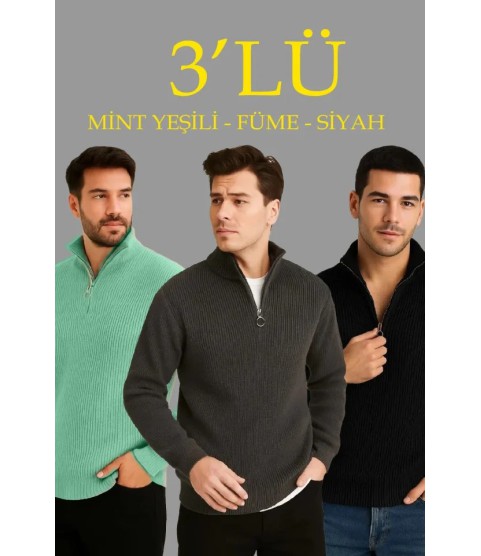 Erkek Fitilli Triko Kazak 3’lü Set – Mint Yeşili, Siyah, Füme Kalın Dokuma Pamuklu Regular Fit V Yaka Fermuarlı Uzun Kollu Rahat Kışlık Kazak Kombini