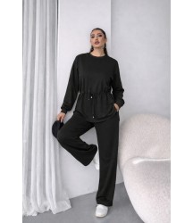 Kadın Uzun Kollu Bisiklet Yaka Belden Büzgülü Bağcıklı Viskon Iki Iplik Bluz Ve Pantolon Ikili Takım