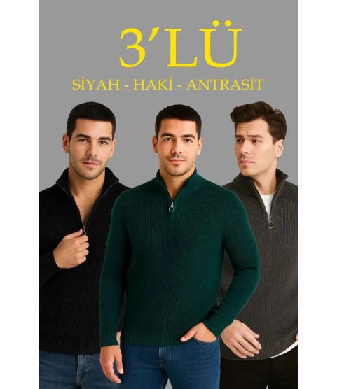 Erkek Fitilli Triko Kazak 3’lü Set – Haki, Siyah, Antrasit Kalın Dokuma Pamuklu Regular Fit V Yaka Fermuarlı Uzun Kollu Rahat Kışlık Kazak Kombini Erkek Fitilli Triko Kazak 3’lü Set – Haki, Siyah, Antrasit Kalın Dokuma Pamuklu Regular Fit V Yaka Fermuarlı Uzun Kollu Rahat Kışlık Kazak Kombini