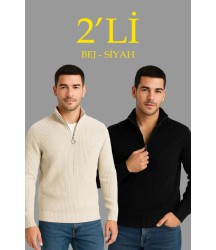 Erkek Fitilli Triko Kazak 2’li Set – Siyah - Bej Kalın Dokuma Pamuklu Regular Fit V Yaka Fermuarlı Uzun Kollu Rahat Kışlık Kazak Kombini