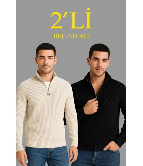 Erkek Fitilli Triko Kazak 2’li Set – Siyah - Bej Kalın Dokuma Pamuklu Regular Fit V Yaka Fermuarlı Uzun Kollu Rahat Kışlık Kazak Kombini