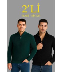 Erkek Fitilli Triko Kazak 2’li Set – Siyah - Haki Kalın Dokuma Pamuklu Regular Fit V Yaka Fermuarlı Uzun Kollu Rahat Kışlık Kazak Kombini