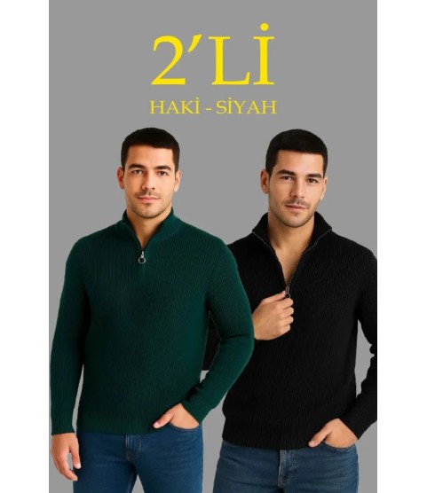 Erkek Fitilli Triko Kazak 2’li Set – Siyah - Haki Kalın Dokuma Pamuklu Regular Fit V Yaka Fermuarlı Uzun Kollu Rahat Kışlık Kazak Kombini